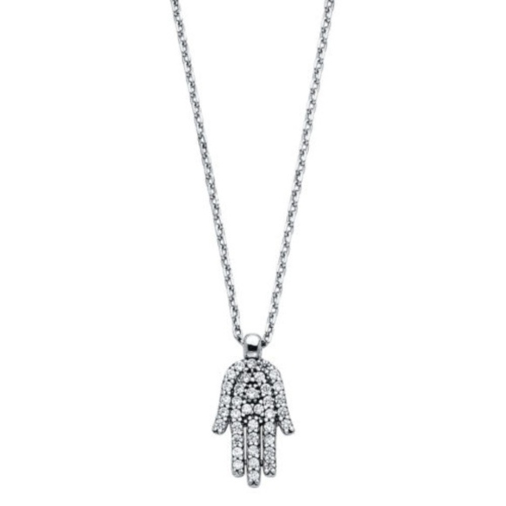 14K White Gold Hamsa Hand CZ Pendant Necklace 18"